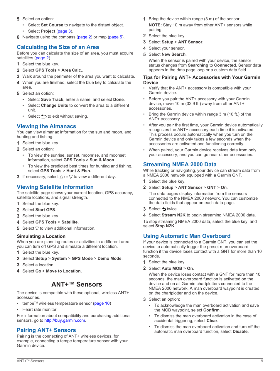 Calculating the size of an area, Viewing the almanacs, Viewing satellite information | Simulating a location, Ant‍+™ sensors, Pairing ant+ sensors, Streaming nmea 2000 data, Using automatic man overboard, Ant+™ sensors, Network | Garmin quatix User Manual | Page 13 / 22