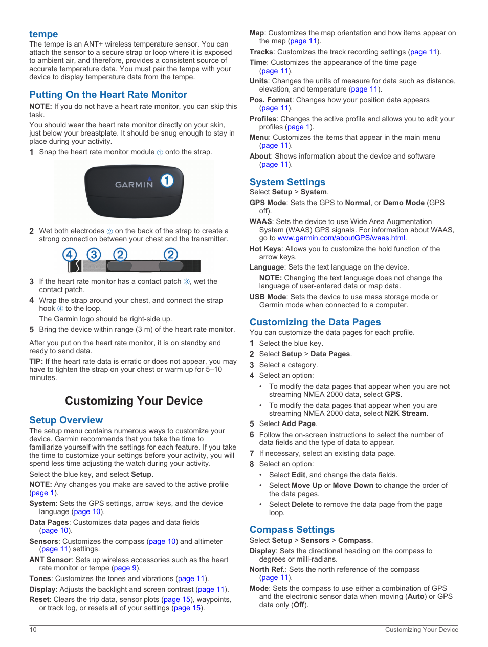 Tempe, Putting on the heart rate monitor, Customizing your device | Setup overview, System settings, Compass settings, Tempe putting on the heart rate monitor, Customizing the data pages | Garmin quatix User Manual | Page 14 / 22