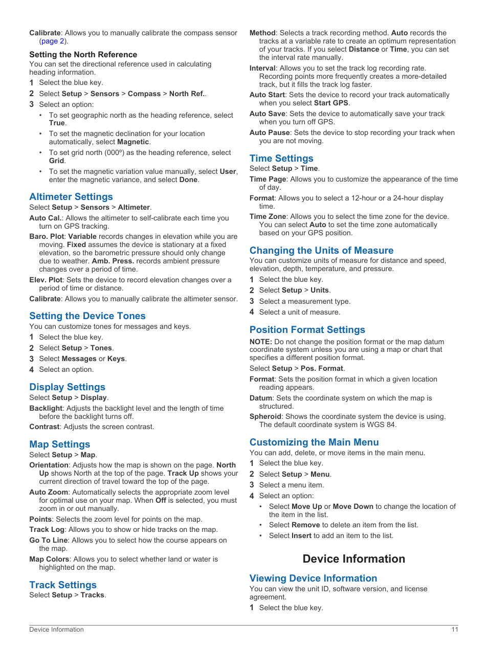 Setting the north reference, Altimeter settings, Setting the device tones | Display settings, Map settings, Track settings, Time settings, Changing the units of measure, Position format settings, Customizing the main menu | Garmin quatix User Manual | Page 15 / 22