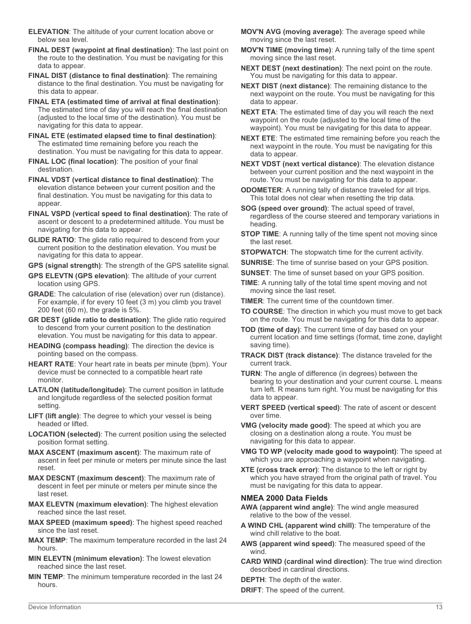 Nmea 2000 data fields | Garmin quatix User Manual | Page 17 / 22