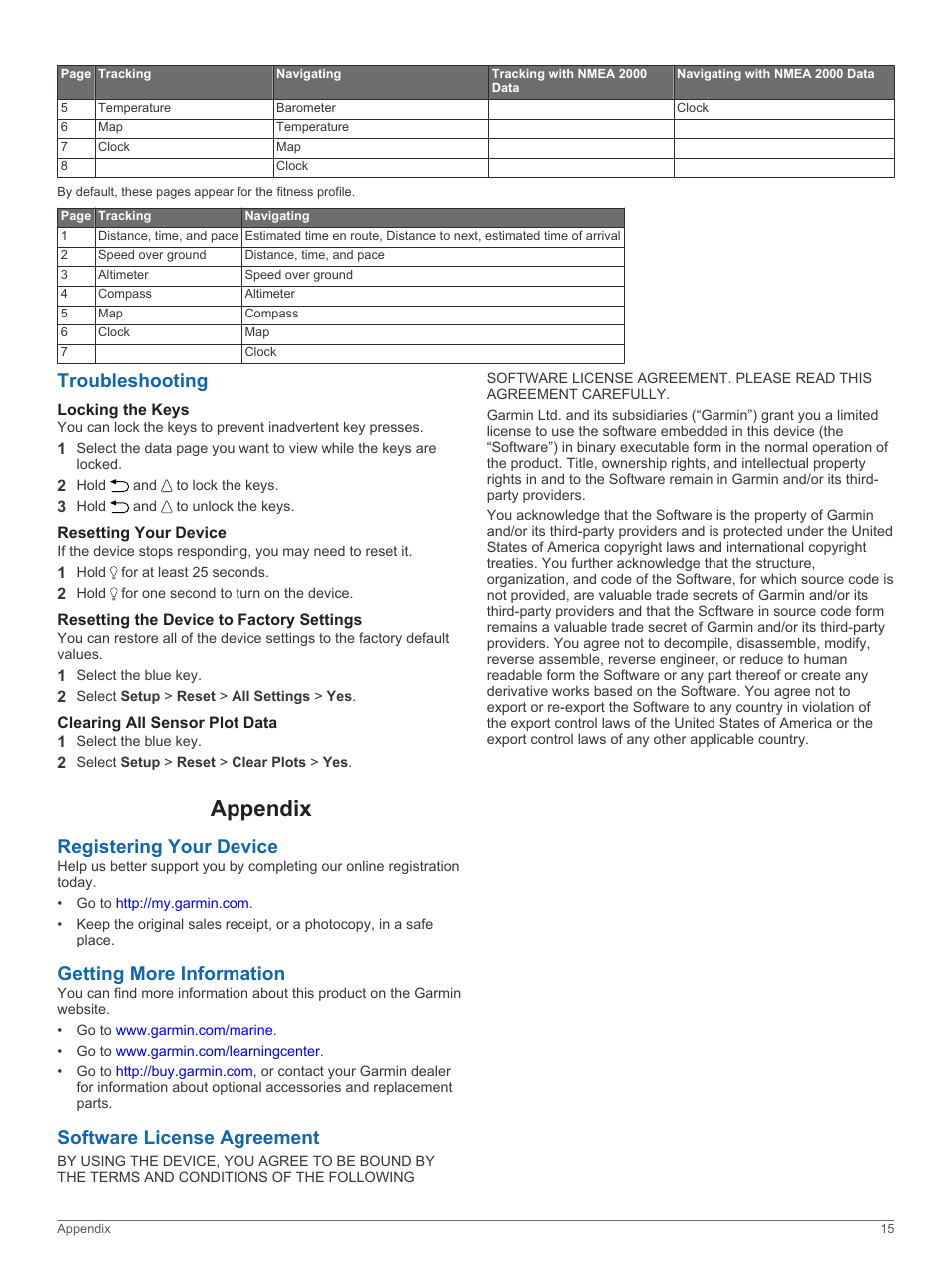 Troubleshooting, Locking the keys, Resetting your device | Resetting the device to factory settings, Clearing all sensor plot data, Appendix, Registering your device, Getting more information, Software license agreement, Register the device | Garmin quatix User Manual | Page 19 / 22