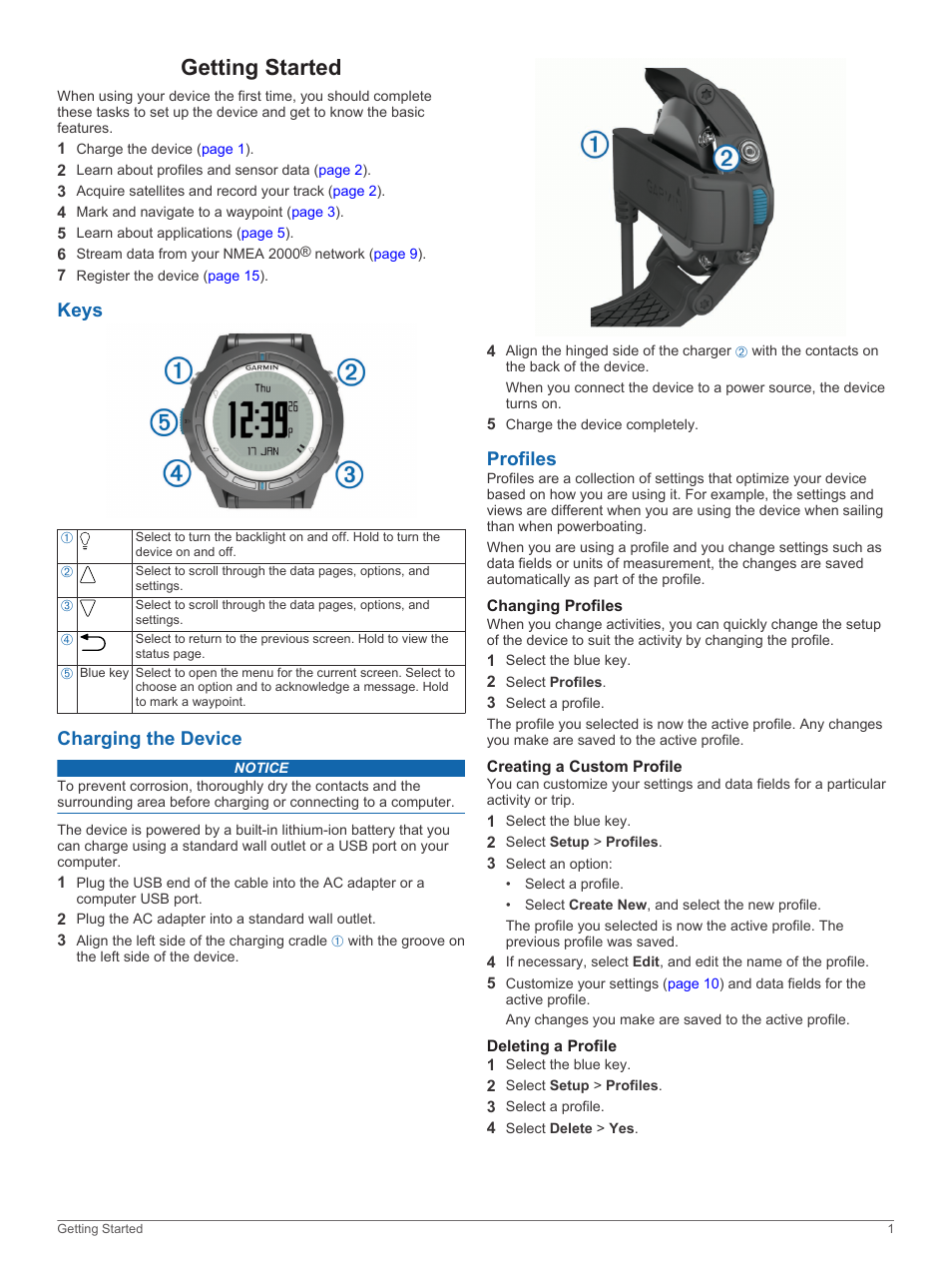 Getting started, Keys, Charging the device | Profiles, Changing profiles, Creating a custom profile, Deleting a profile, Keys charging the device profiles | Garmin quatix User Manual | Page 5 / 22