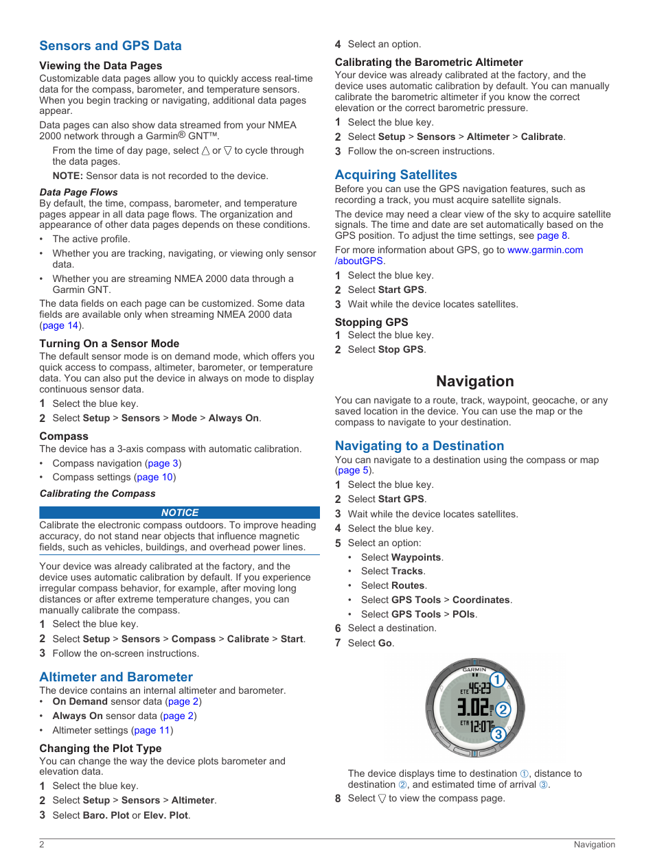 Sensors and gps data, Turning on a sensor mode, Compass | Calibrating the compass, Altimeter and barometer, Changing the plot type, Calibrating the barometric altimeter, Acquiring satellites, Stopping gps, Navigation | Garmin quatix User Manual | Page 6 / 22