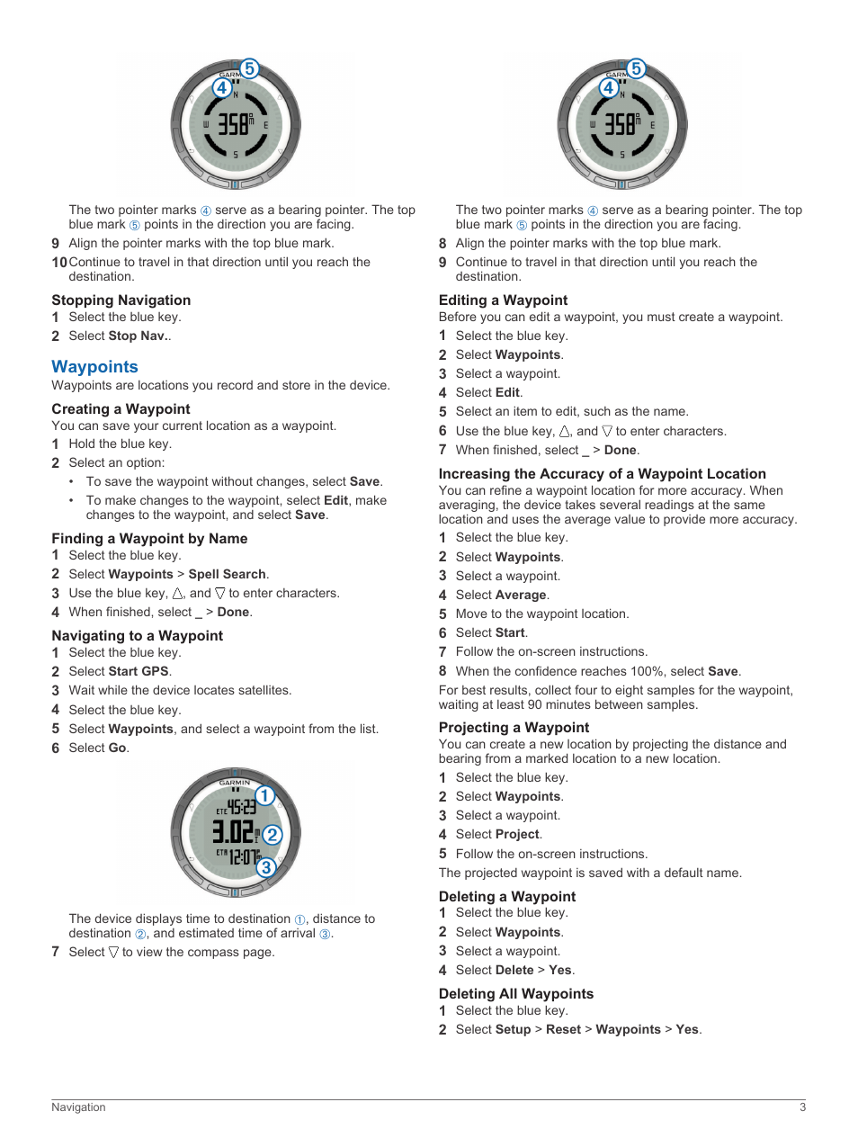 Stopping navigation, Waypoints, Creating a waypoint | Finding a waypoint by name, Navigating to a waypoint, Editing a waypoint, Increasing the accuracy of a waypoint location, Projecting a waypoint, Deleting a waypoint, Deleting all waypoints | Garmin quatix User Manual | Page 7 / 22