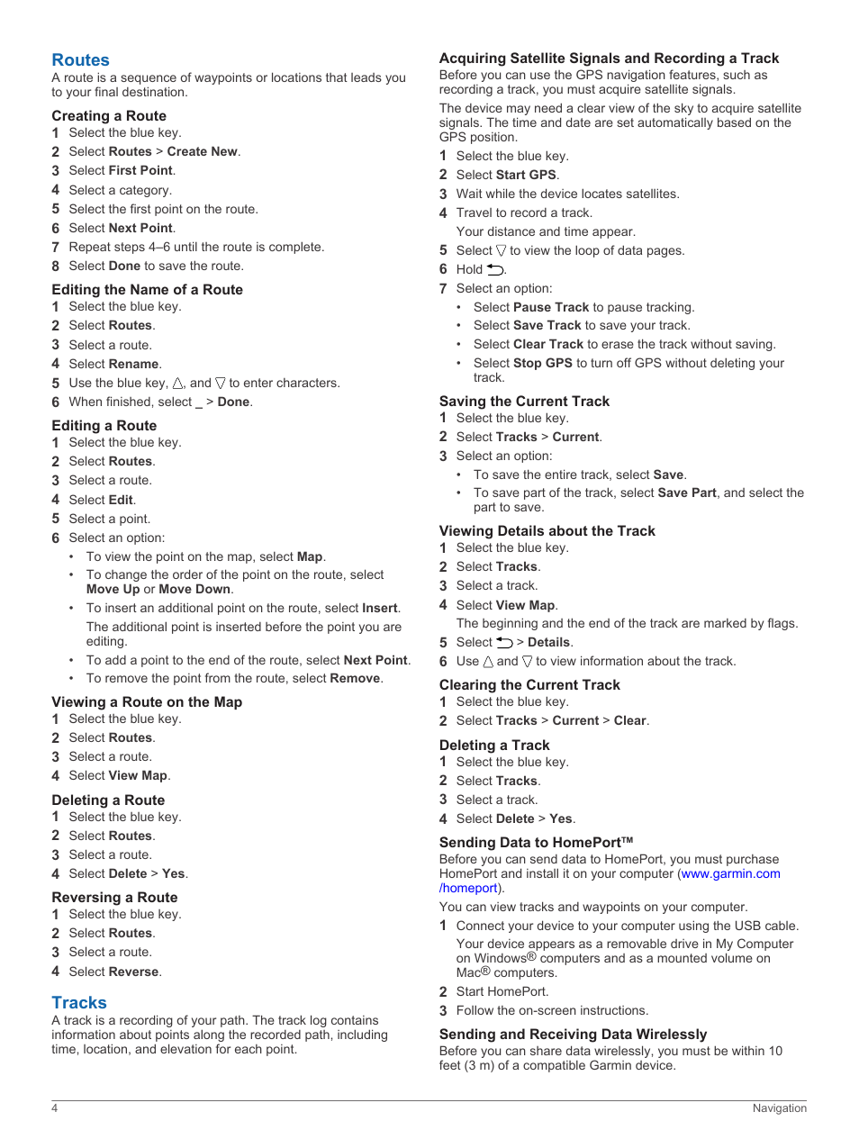 Routes, Creating a route, Editing the name of a route | Editing a route, Viewing a route on the map, Deleting a route, Reversing a route, Tracks, Acquiring satellite signals and recording a track, Saving the current track | Garmin quatix User Manual | Page 8 / 22