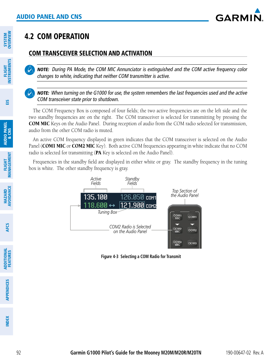 2 com operation, Com transceiver selection and activation, Audio panel and cns | Garmin G1000 Mooney M20TN User Manual | Page 106 / 524