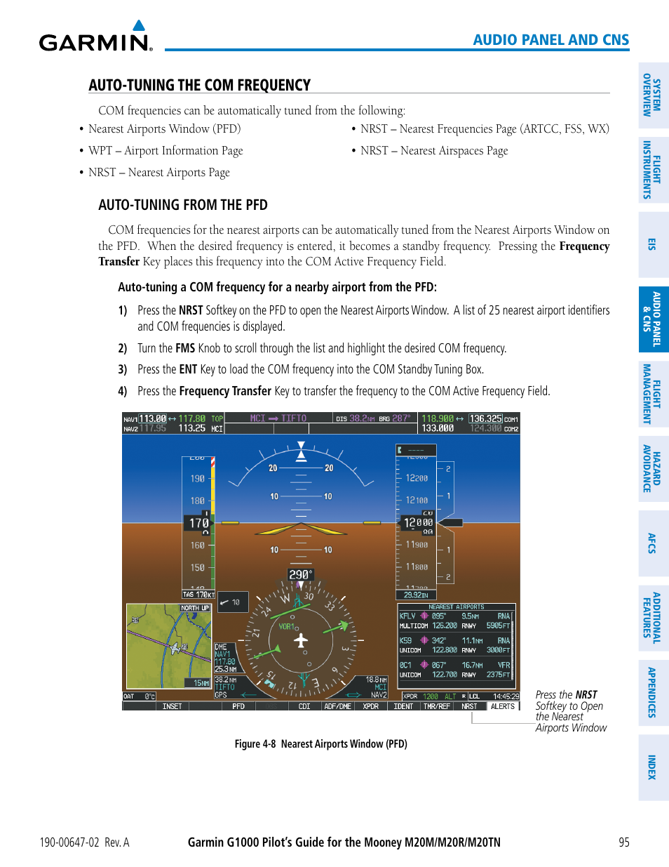 Auto-tuning the com frequency, Audio panel and cns, Auto-tuning from the pfd | Garmin G1000 Mooney M20TN User Manual | Page 109 / 524