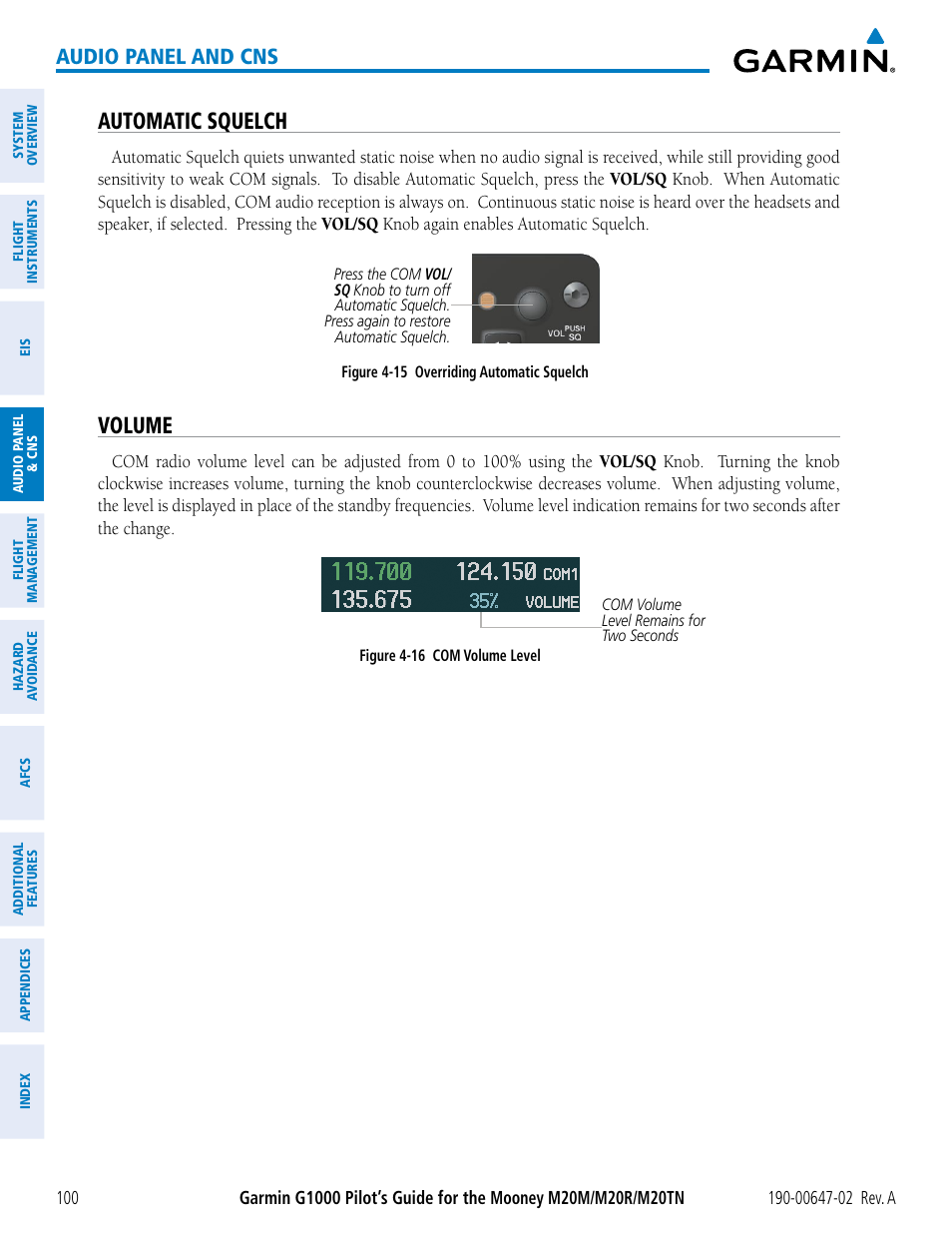 Automatic squelch, Volume, Audio panel and cns | Garmin G1000 Mooney M20TN User Manual | Page 114 / 524