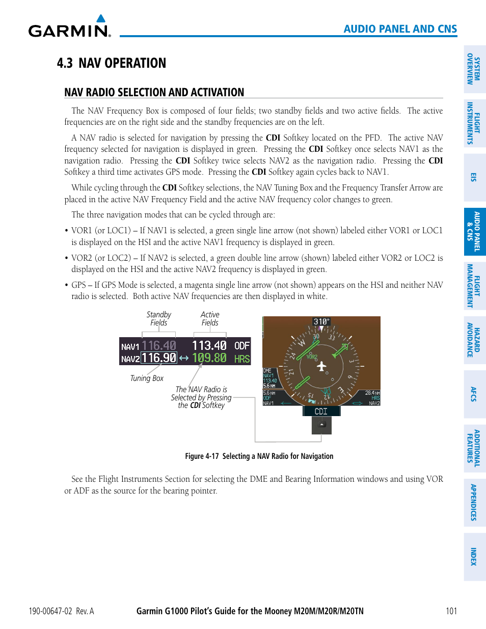 3 nav operation, Nav radio selection and activation, Audio panel and cns | Garmin G1000 Mooney M20TN User Manual | Page 115 / 524