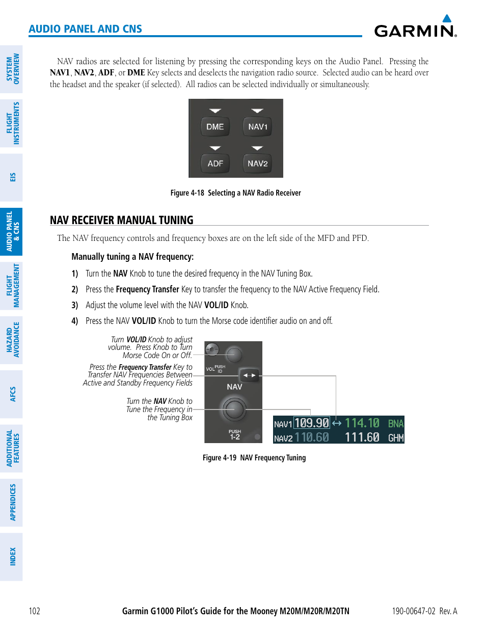 Nav receiver manual tuning, Audio panel and cns | Garmin G1000 Mooney M20TN User Manual | Page 116 / 524