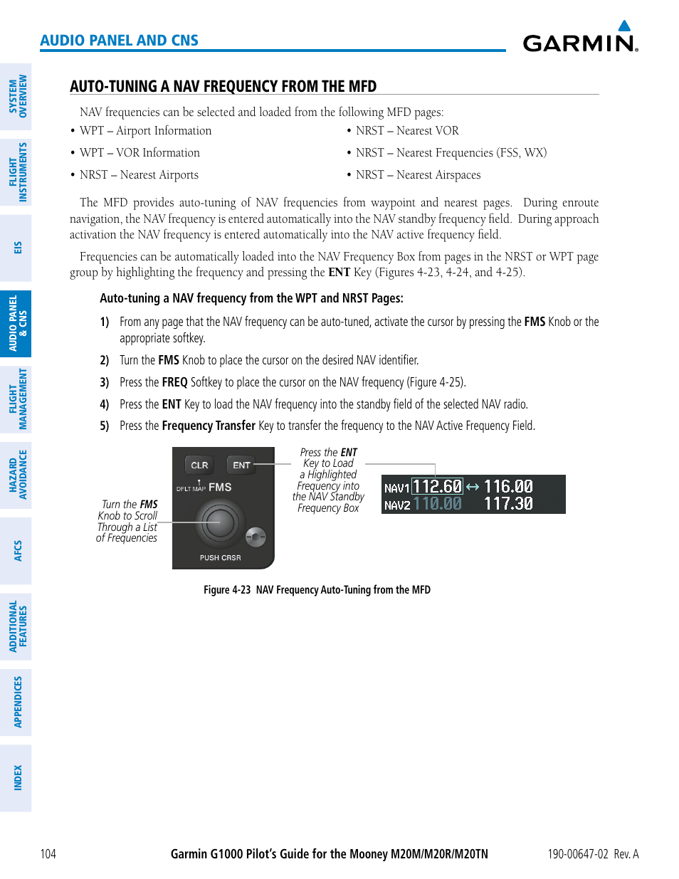 Auto-tuning a nav frequency from the mfd, Audio panel and cns | Garmin G1000 Mooney M20TN User Manual | Page 118 / 524