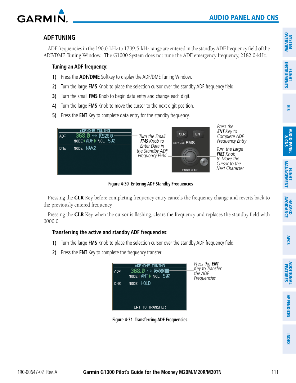 Audio panel and cns, Adf tuning | Garmin G1000 Mooney M20TN User Manual | Page 125 / 524