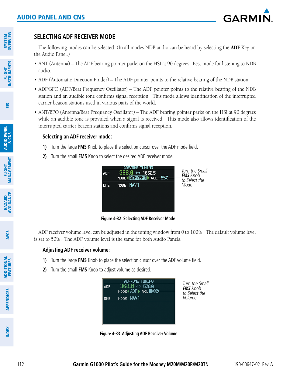 Audio panel and cns, Selecting adf receiver mode | Garmin G1000 Mooney M20TN User Manual | Page 126 / 524