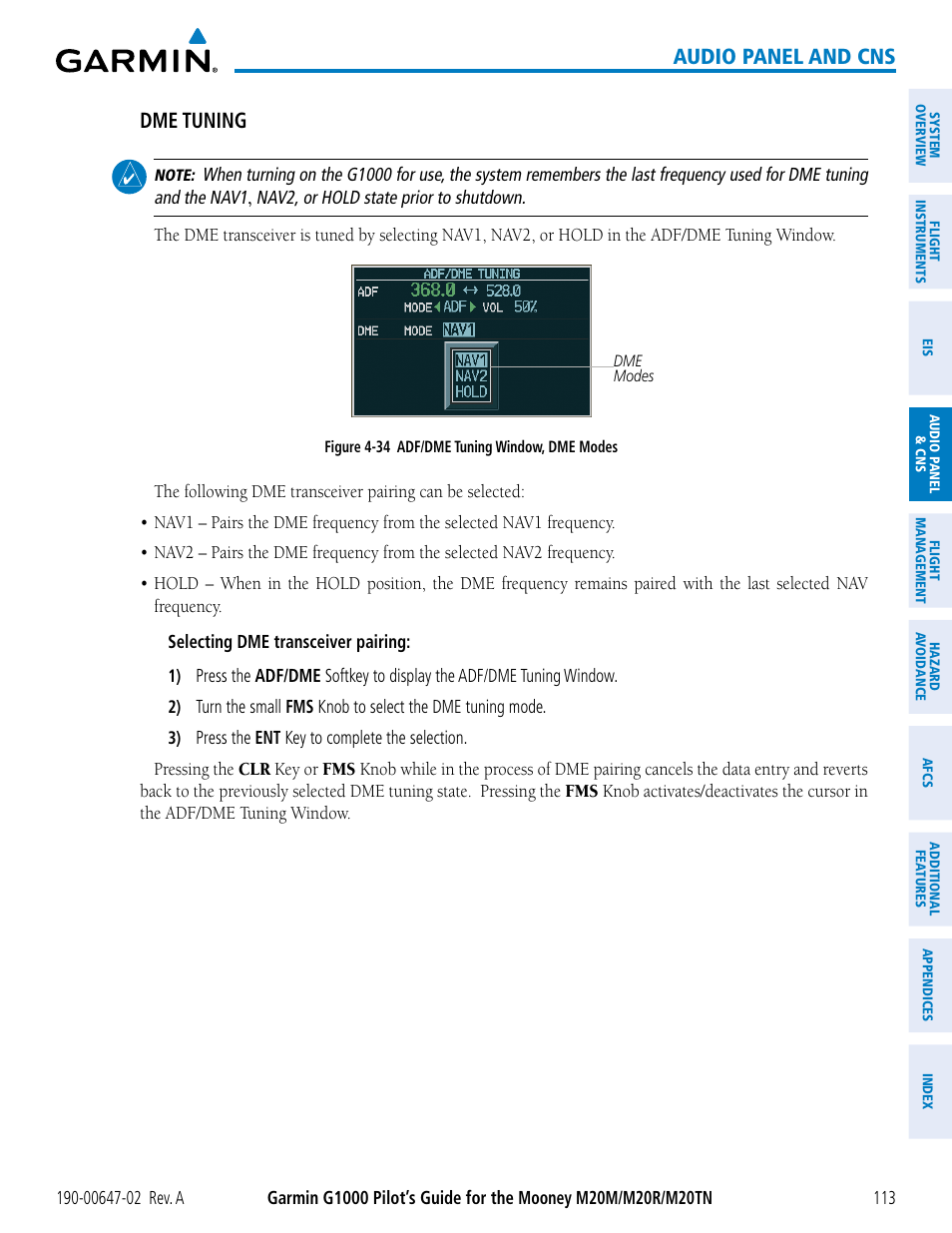 Audio panel and cns, Dme tuning | Garmin G1000 Mooney M20TN User Manual | Page 127 / 524