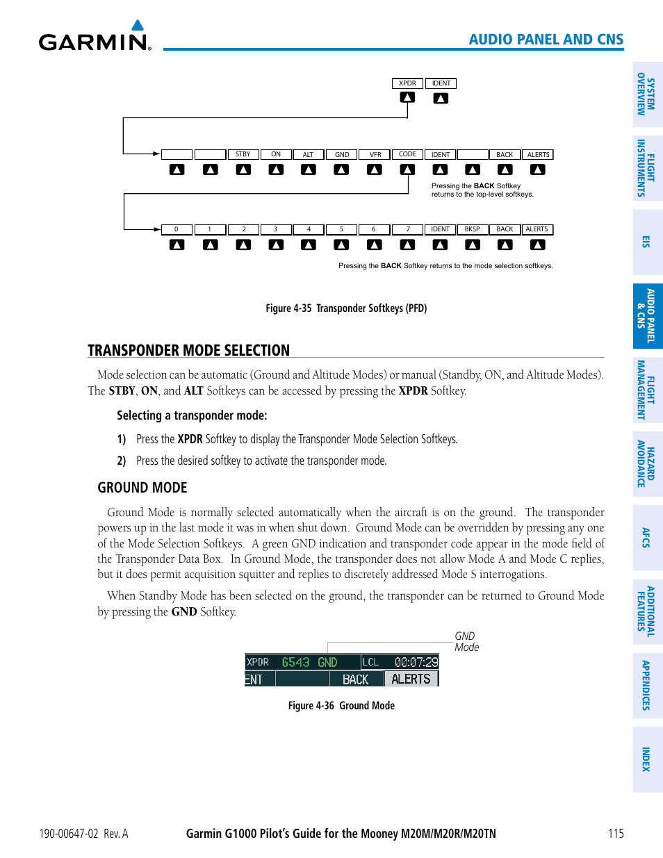Transponder mode selection, Audio panel and cns, Ground mode | Garmin G1000 Mooney M20TN User Manual | Page 129 / 524