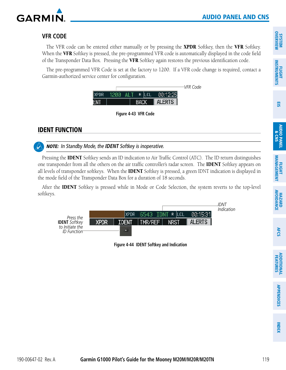 Ident function, Audio panel and cns, Vfr code | Garmin G1000 Mooney M20TN User Manual | Page 133 / 524