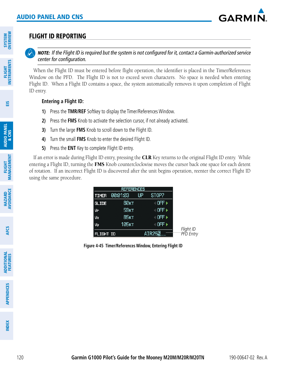 Flight id reporting, Audio panel and cns | Garmin G1000 Mooney M20TN User Manual | Page 134 / 524