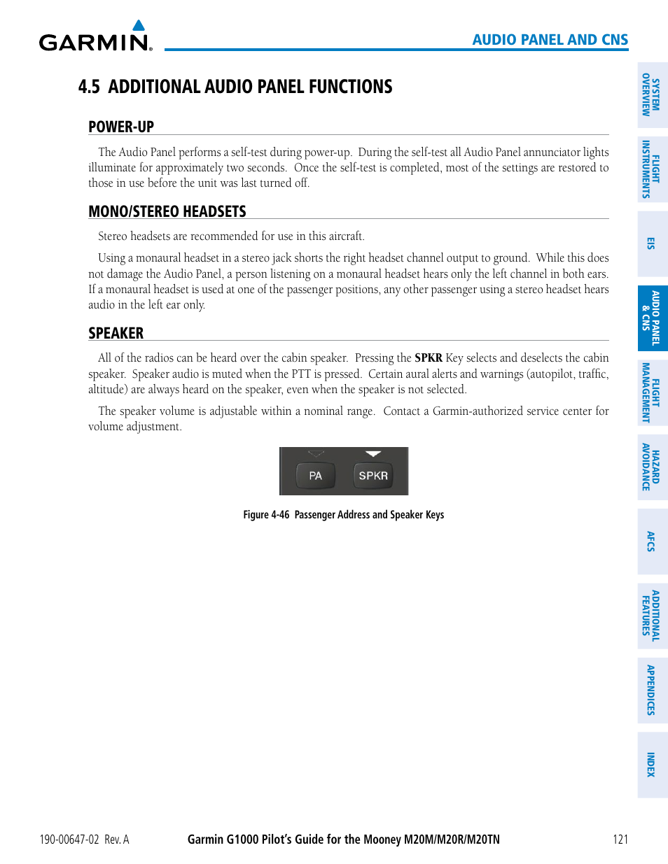 5 additional audio panel functions, Power-up, Mono/stereo headsets | Speaker, Audio panel and cns | Garmin G1000 Mooney M20TN User Manual | Page 135 / 524