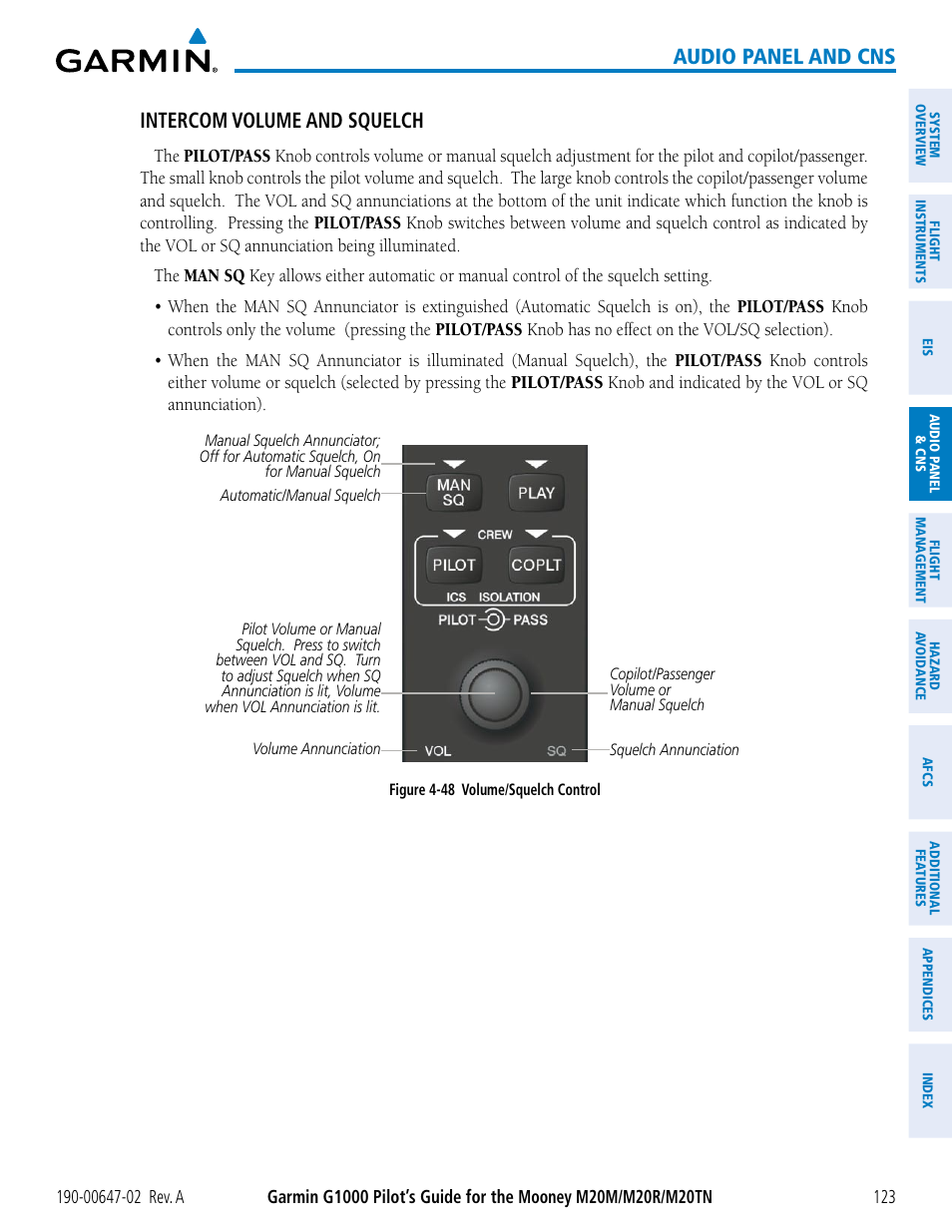 Audio panel and cns, Intercom volume and squelch | Garmin G1000 Mooney M20TN User Manual | Page 137 / 524