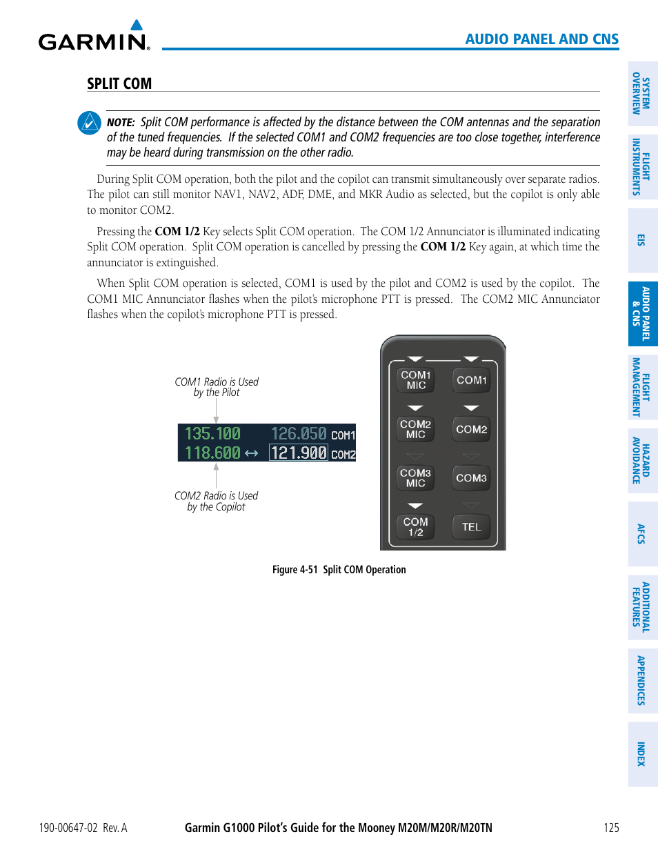 Split com, Audio panel and cns | Garmin G1000 Mooney M20TN User Manual | Page 139 / 524