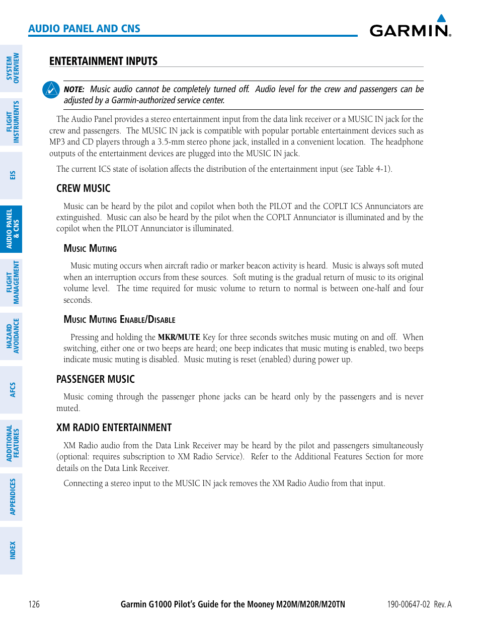 Entertainment inputs, Audio panel and cns, Crew music | Passenger music, Xm radio entertainment | Garmin G1000 Mooney M20TN User Manual | Page 140 / 524