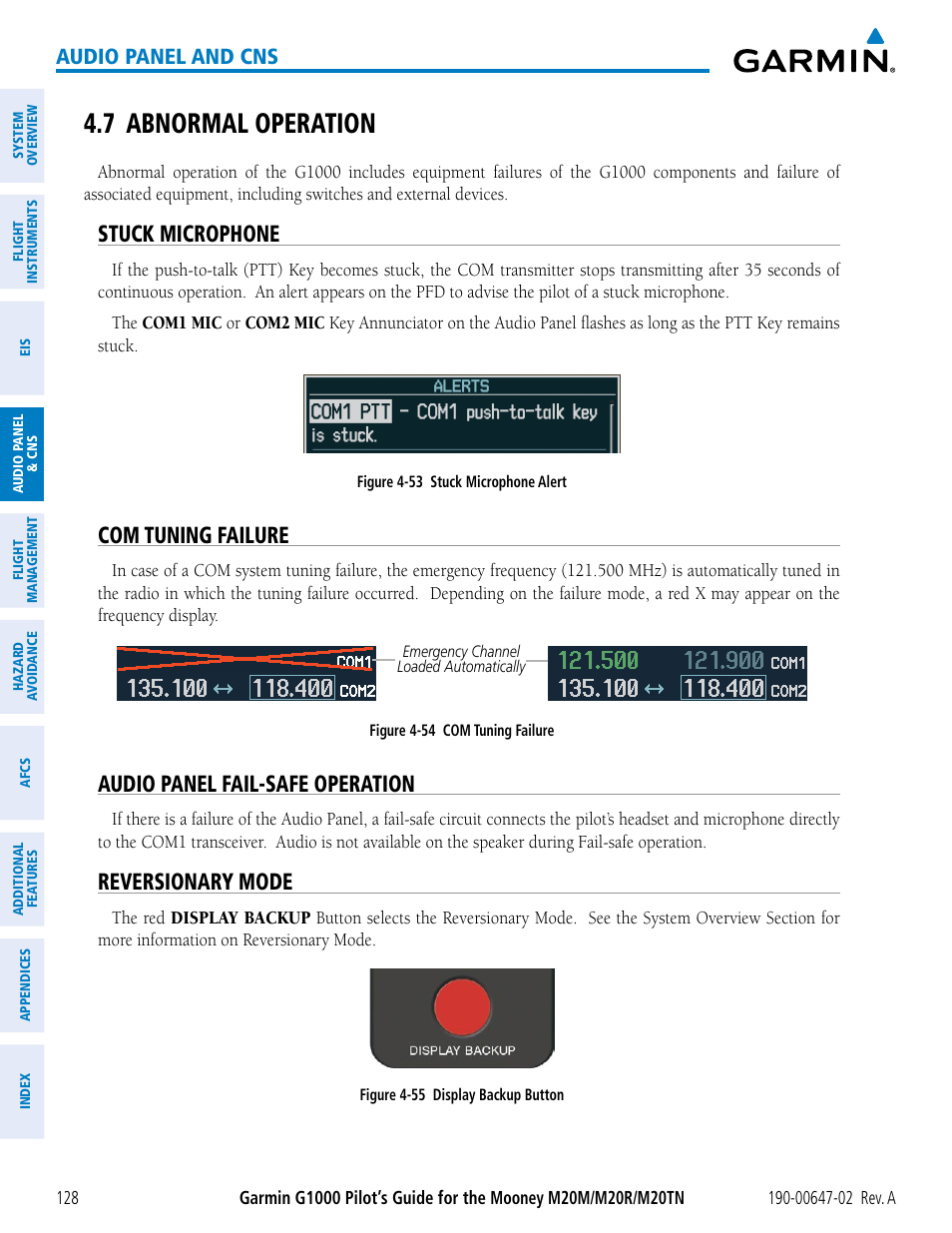 7 abnormal operation, Stuck microphone, Com tuning failure | Audio panel fail-safe operation, Reversionary mode, Audio panel and cns | Garmin G1000 Mooney M20TN User Manual | Page 142 / 524