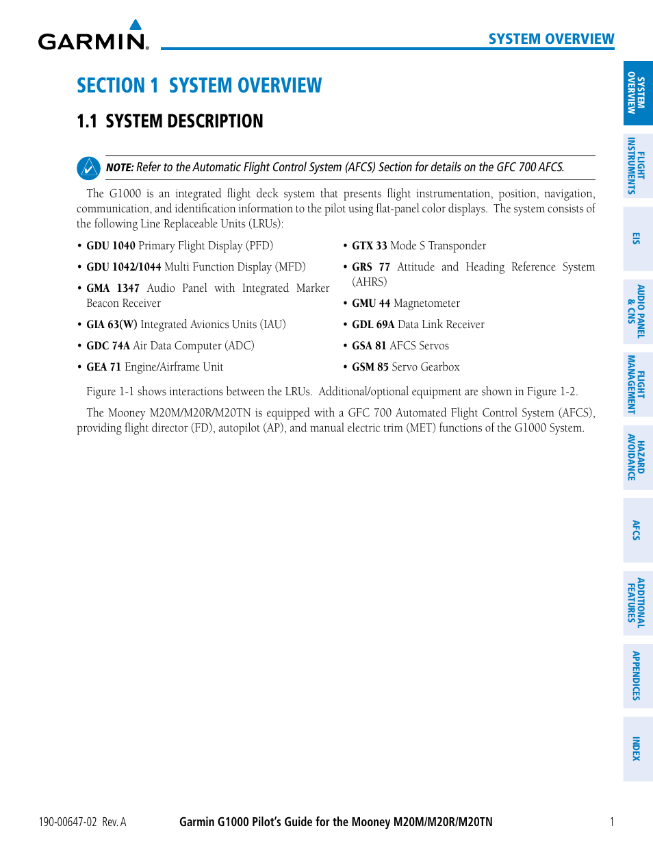 Section 1 system overview, 1 system description, System overview | Garmin G1000 Mooney M20TN User Manual | Page 15 / 524