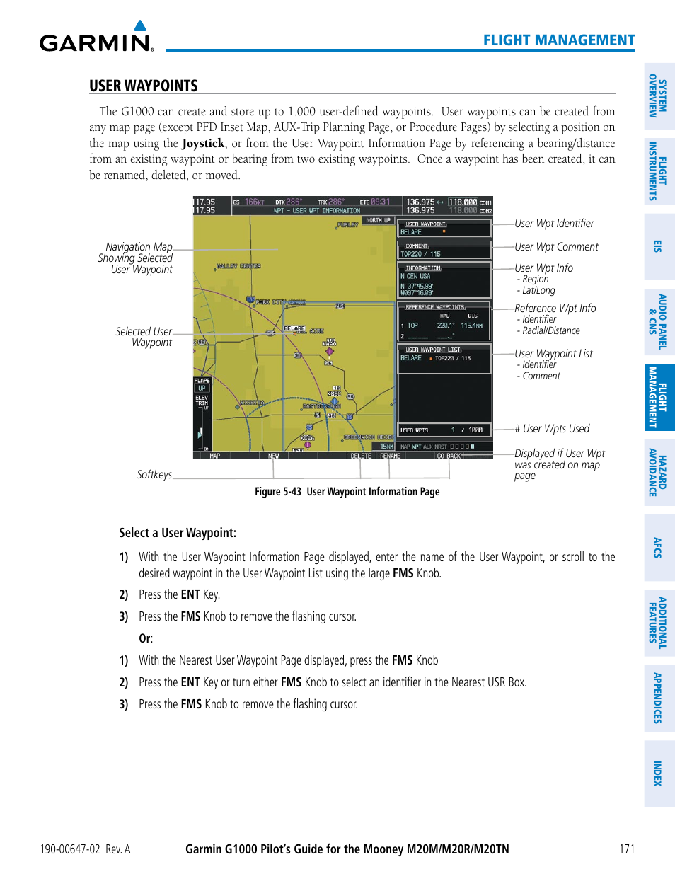 User waypoints, Flight management | Garmin G1000 Mooney M20TN User Manual | Page 185 / 524