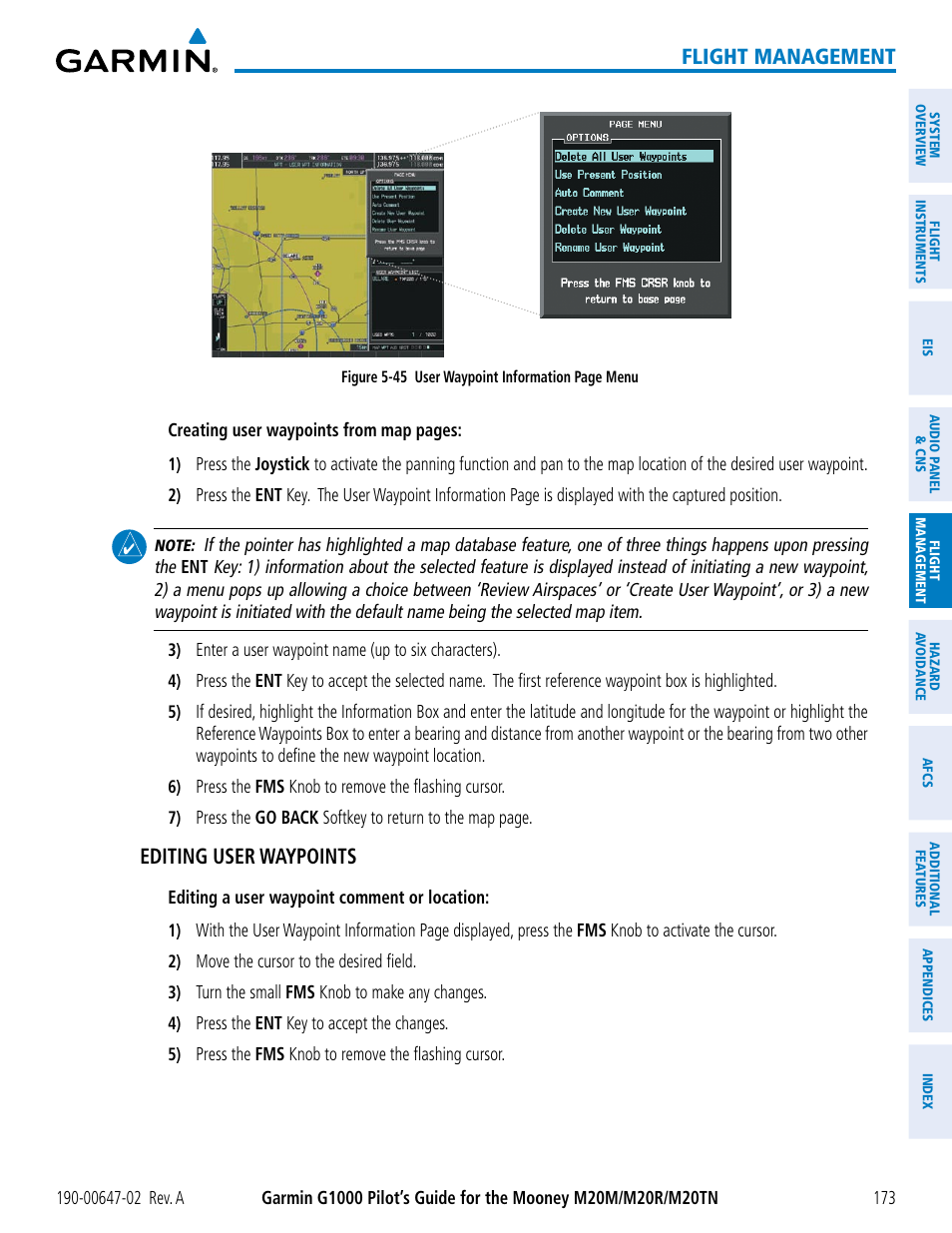 Flight management, Editing user waypoints | Garmin G1000 Mooney M20TN User Manual | Page 187 / 524