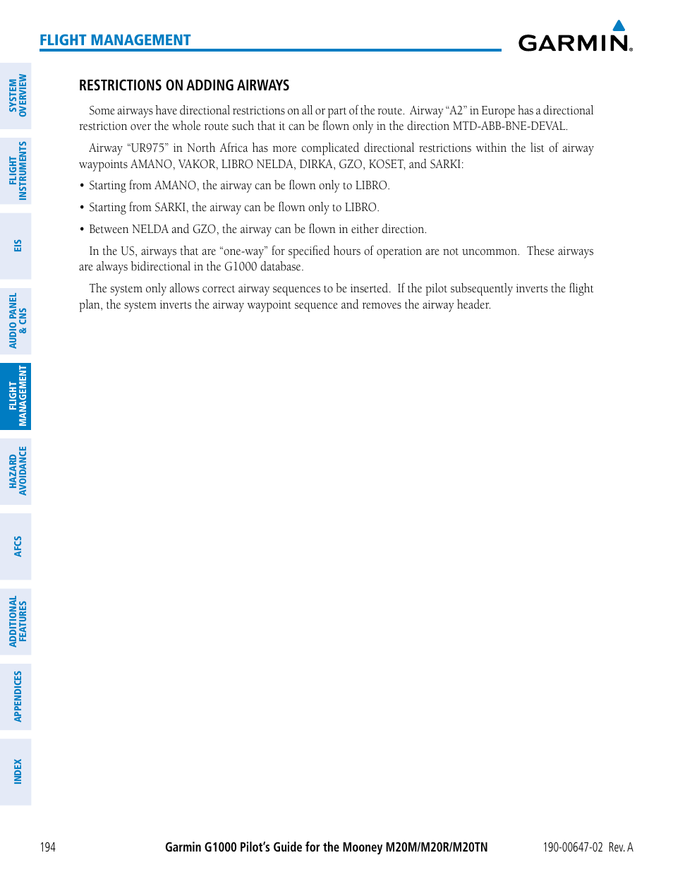 Flight management, Restrictions on adding airways | Garmin G1000 Mooney M20TN User Manual | Page 208 / 524