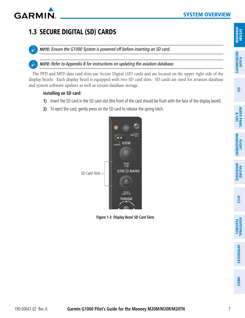 3 secure digital (sd) cards, System overview | Garmin G1000 Mooney M20TN User Manual | Page 21 / 524