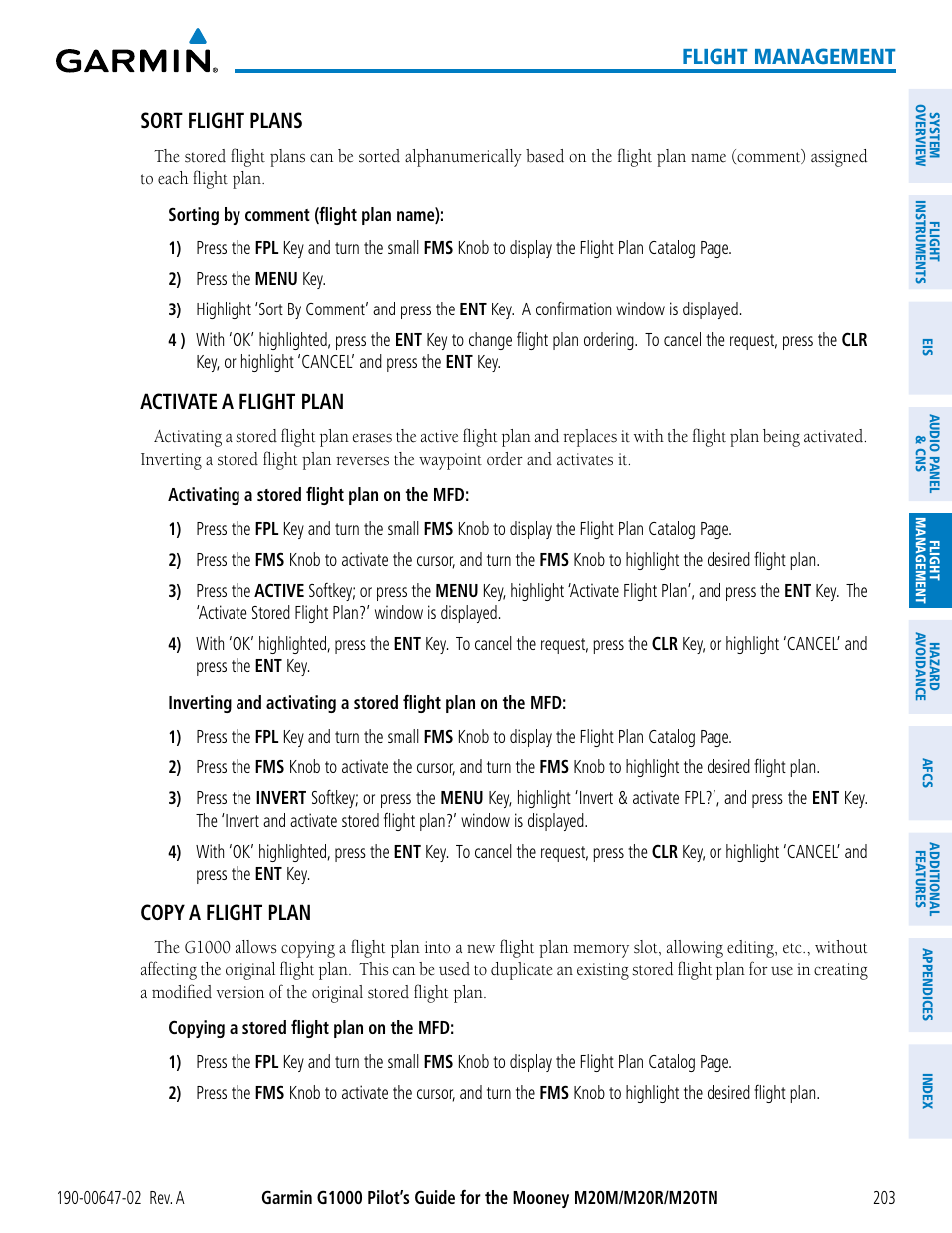 Flight management, Sort flight plans, Activate a flight plan | Copy a flight plan | Garmin G1000 Mooney M20TN User Manual | Page 217 / 524