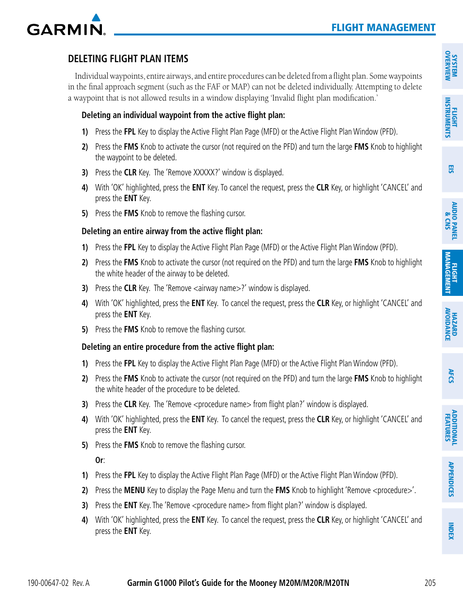 Flight management, Deleting flight plan items | Garmin G1000 Mooney M20TN User Manual | Page 219 / 524