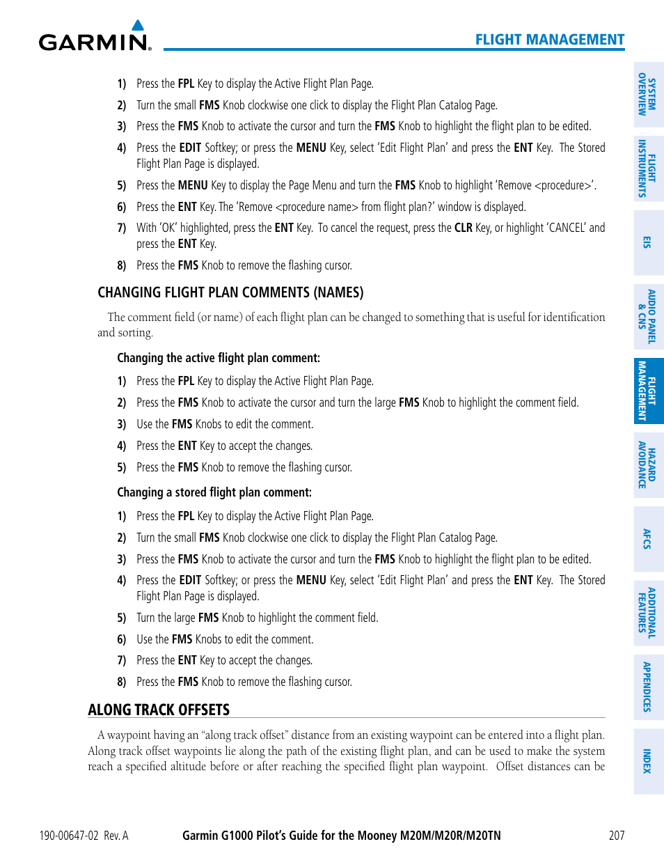 Along track offsets, Flight management, Changing flight plan comments (names) | Garmin G1000 Mooney M20TN User Manual | Page 221 / 524