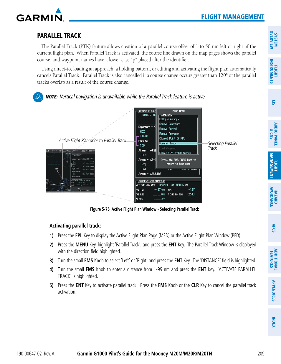 Parallel track, Flight management | Garmin G1000 Mooney M20TN User Manual | Page 223 / 524