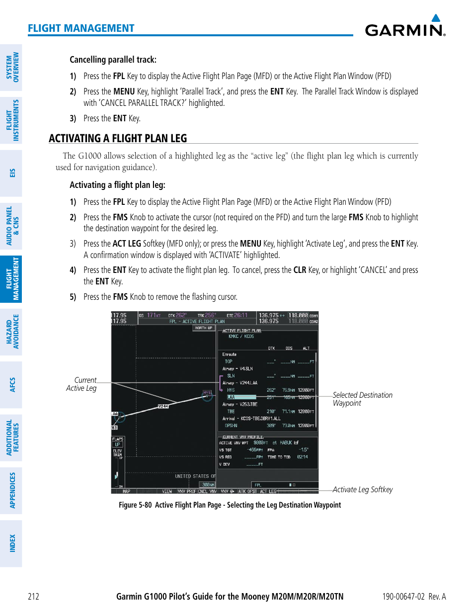 Activating a flight plan leg, Flight management | Garmin G1000 Mooney M20TN User Manual | Page 226 / 524