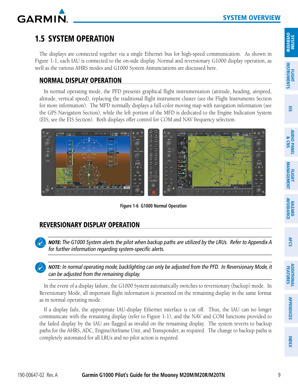 5 system operation, Normal display operation, Reversionary display operation | System overview | Garmin G1000 Mooney M20TN User Manual | Page 23 / 524