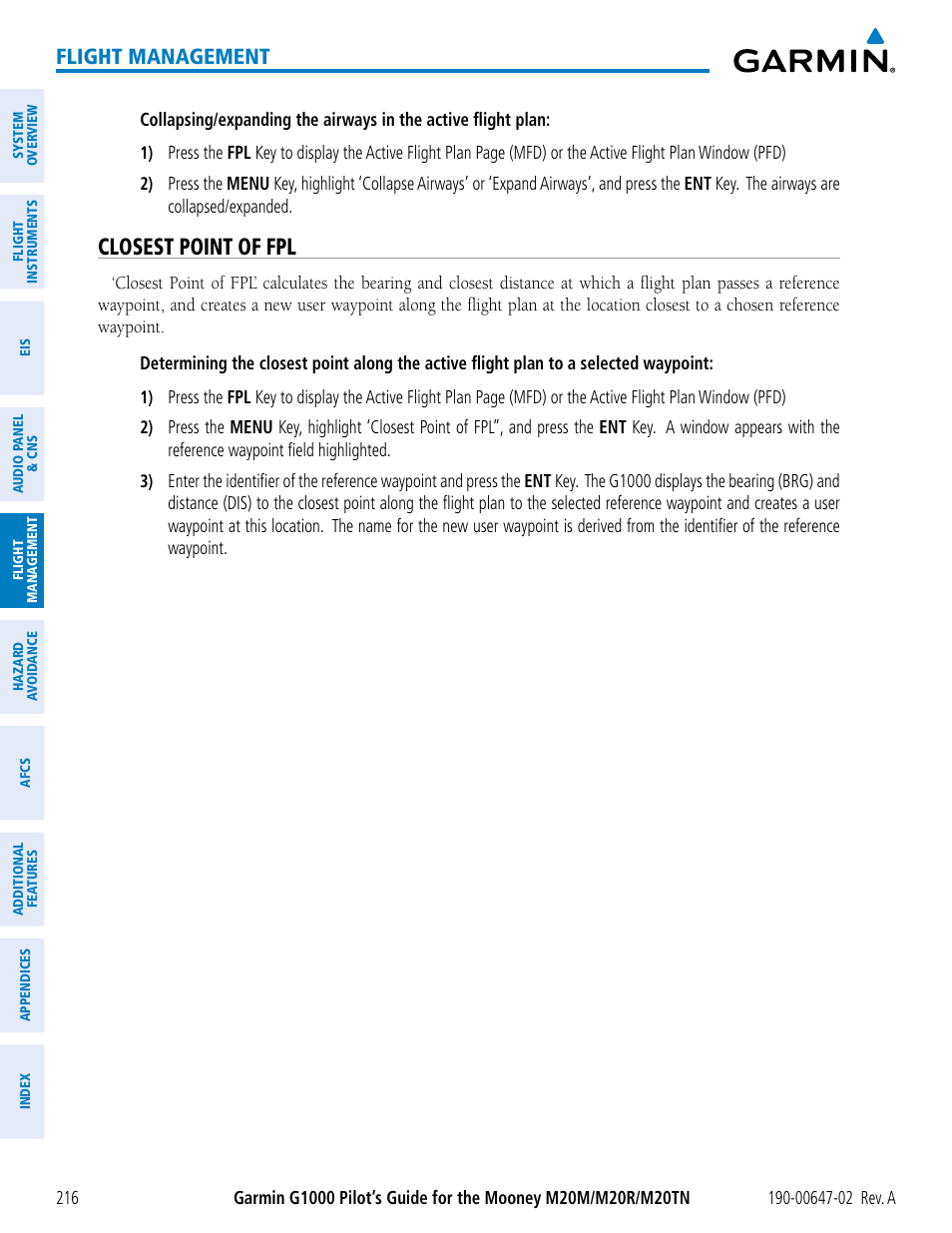Closest point of fpl, Flight management | Garmin G1000 Mooney M20TN User Manual | Page 230 / 524