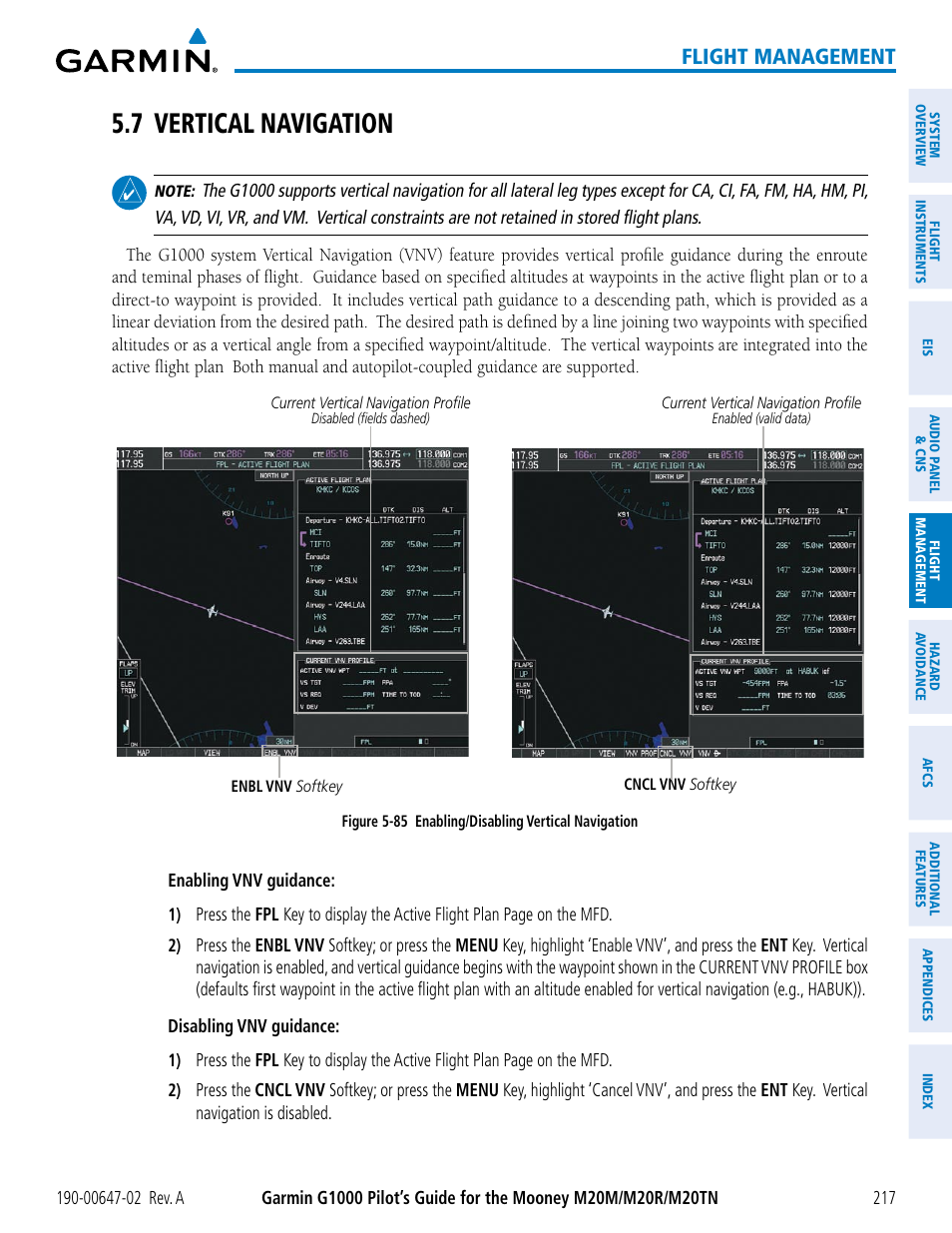 7 vertical navigation, Flight management | Garmin G1000 Mooney M20TN User Manual | Page 231 / 524