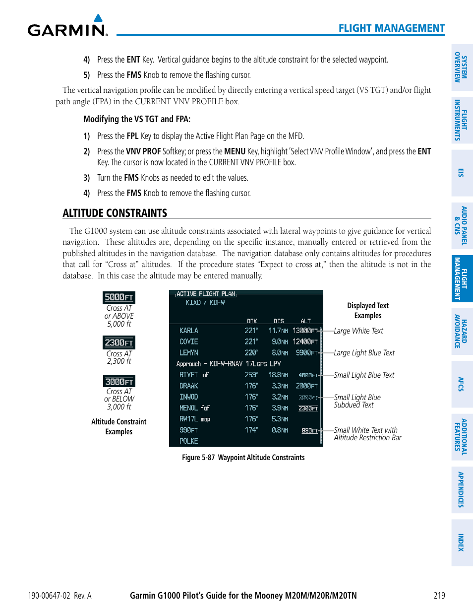Altitude constraints, Flight management | Garmin G1000 Mooney M20TN User Manual | Page 233 / 524