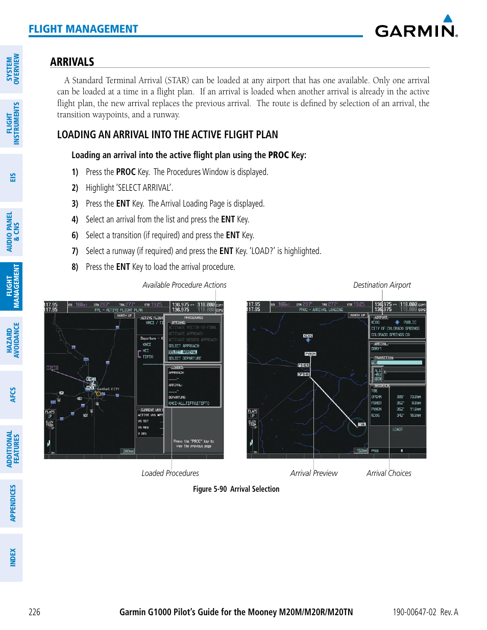 Arrivals, Flight management, Loading an arrival into the active flight plan | Garmin G1000 Mooney M20TN User Manual | Page 240 / 524