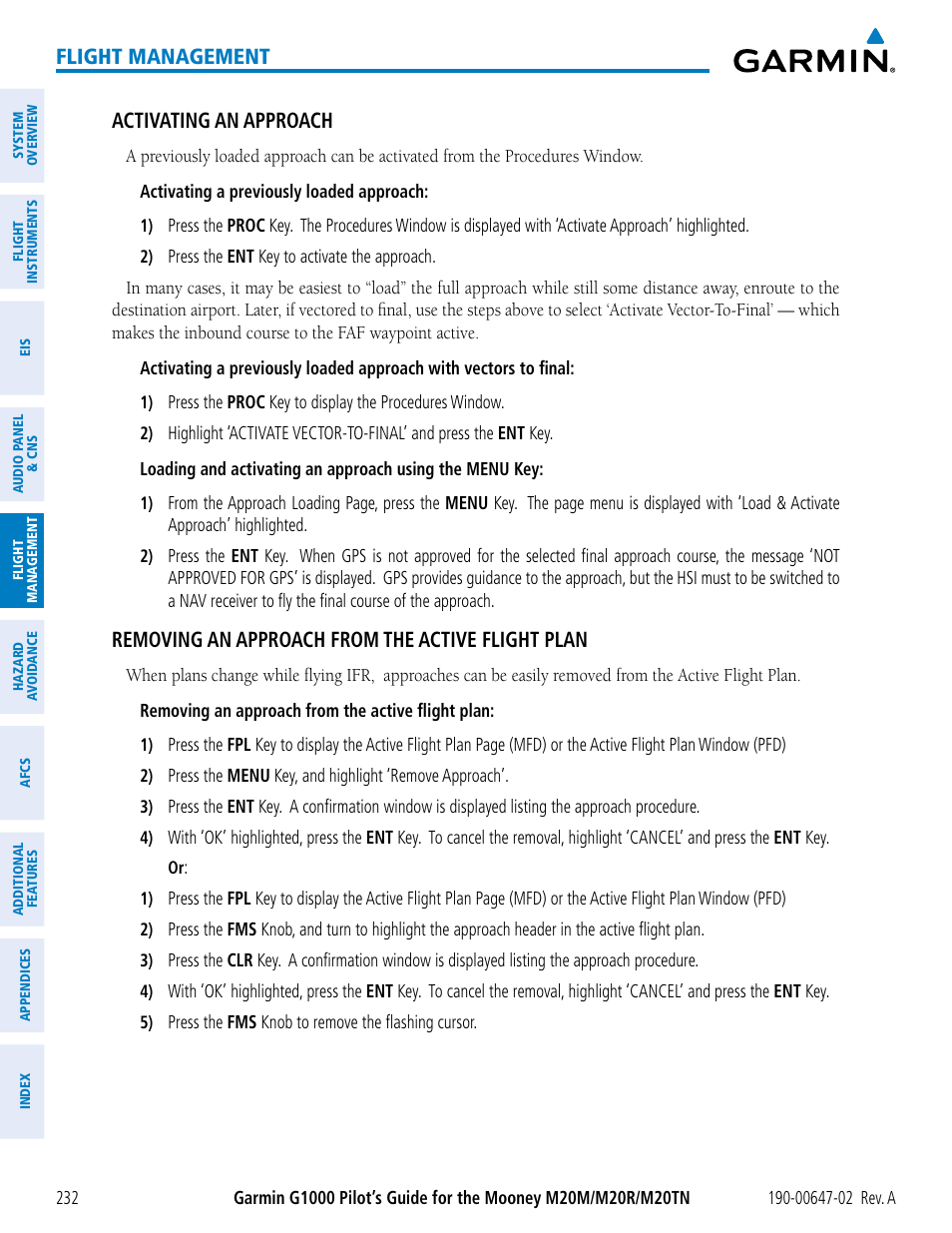 Flight management, Activating an approach, Removing an approach from the active flight plan | Garmin G1000 Mooney M20TN User Manual | Page 246 / 524