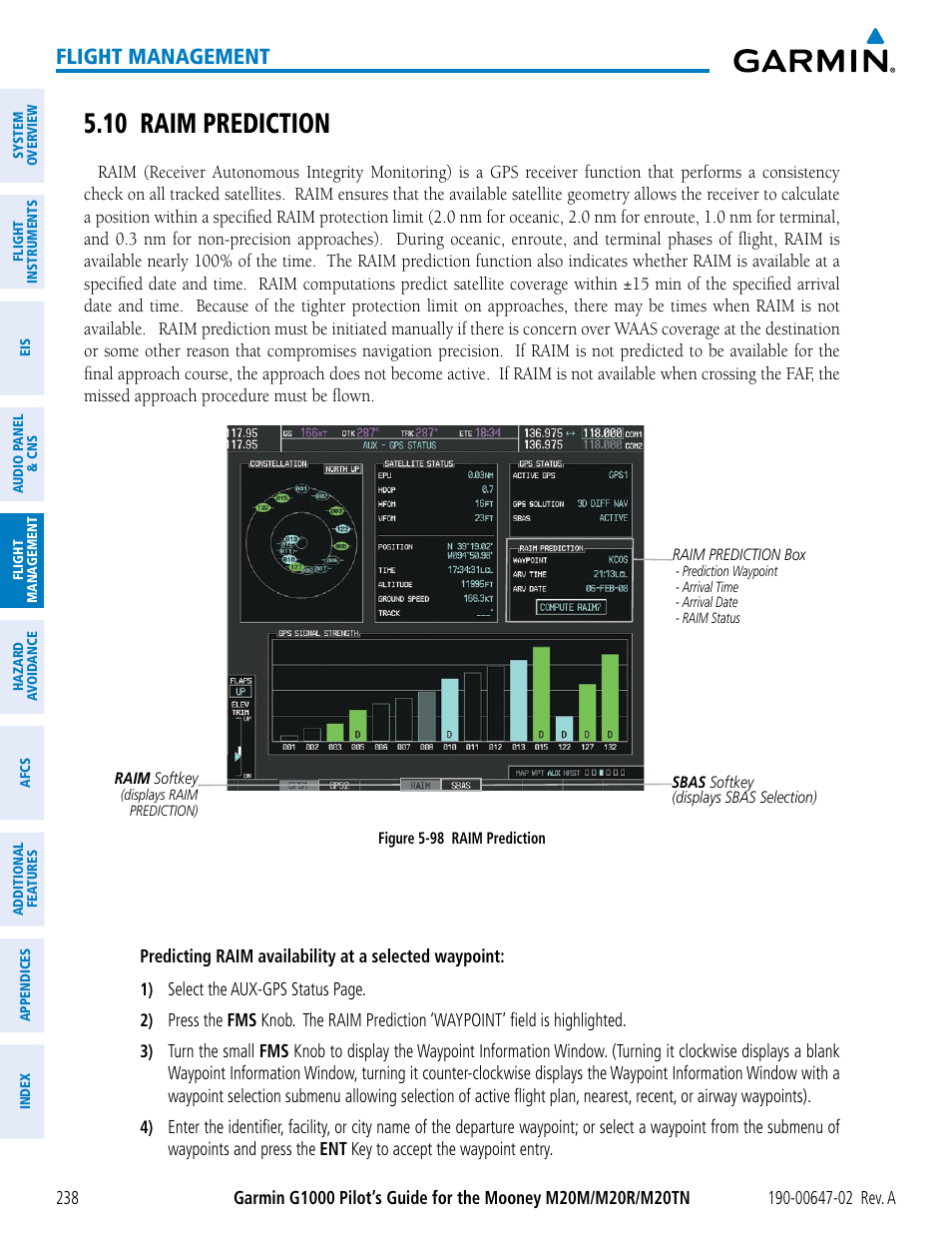 10 raim prediction, Flight management | Garmin G1000 Mooney M20TN User Manual | Page 252 / 524