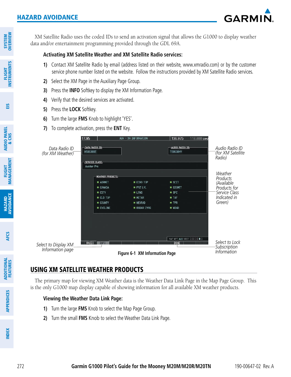 Using xm satellite weather products, Hazard avoidance | Garmin G1000 Mooney M20TN User Manual | Page 286 / 524