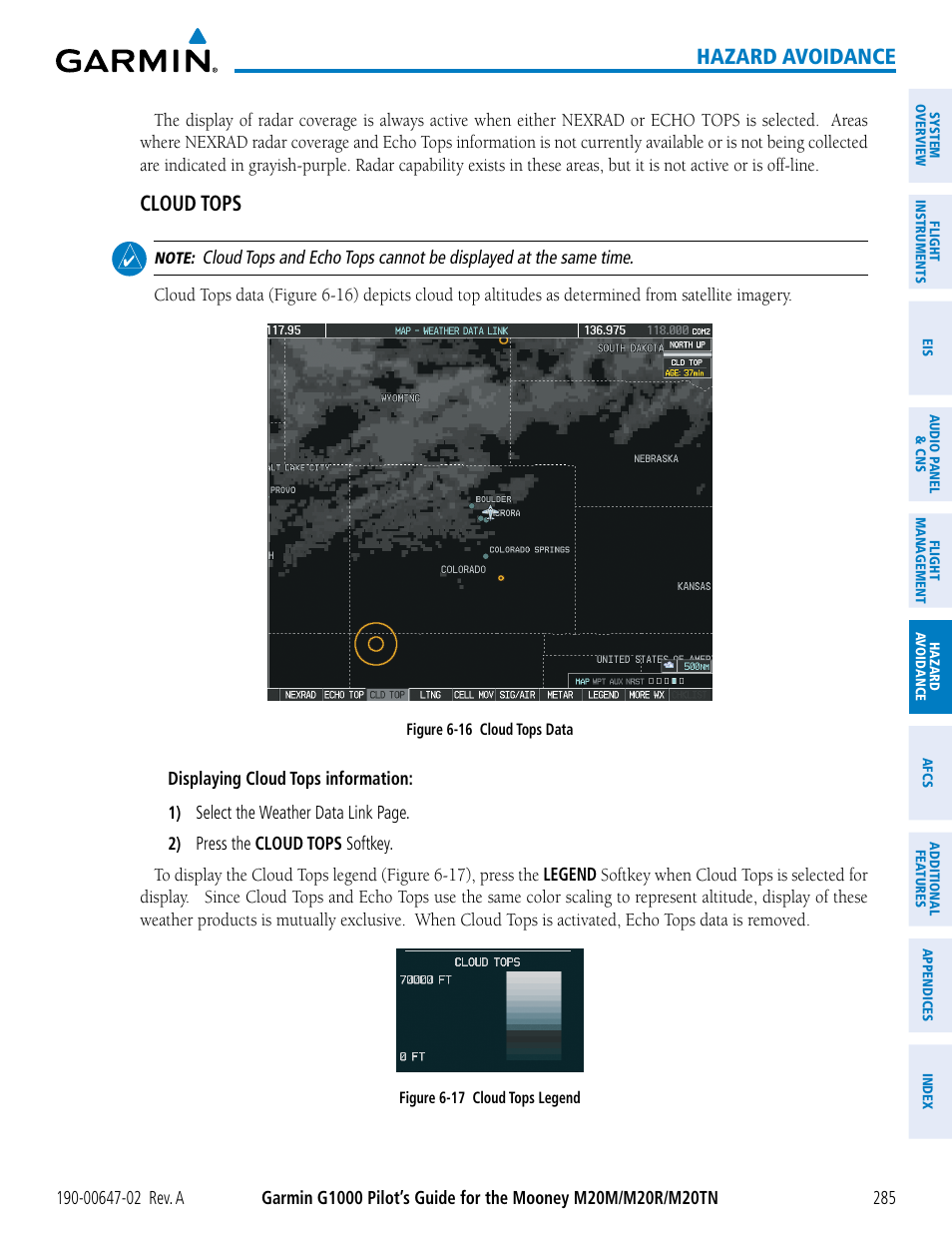 Hazard avoidance, Cloud tops | Garmin G1000 Mooney M20TN User Manual | Page 299 / 524