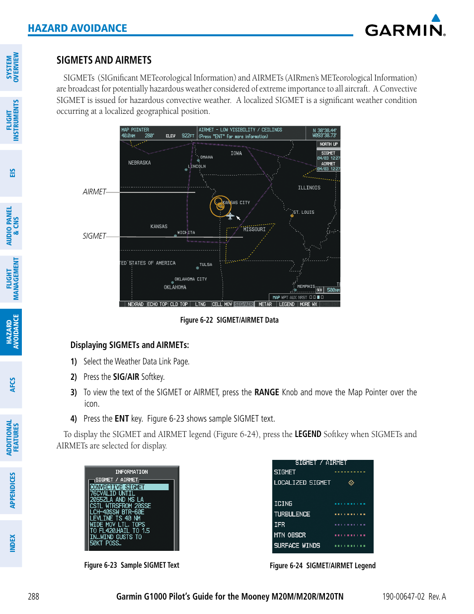 Hazard avoidance, Sigmets and airmets | Garmin G1000 Mooney M20TN User Manual | Page 302 / 524