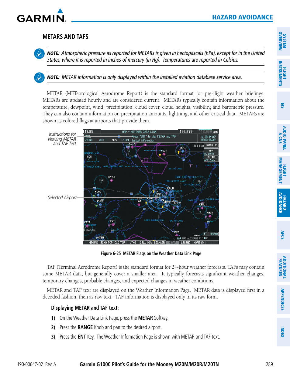 Hazard avoidance, Metars and tafs | Garmin G1000 Mooney M20TN User Manual | Page 303 / 524