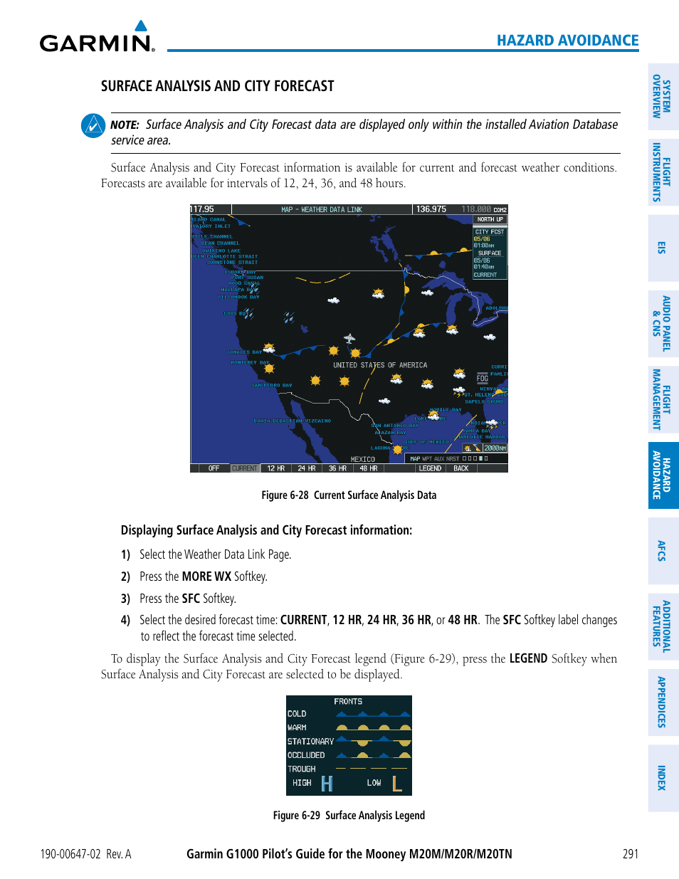 Hazard avoidance, Surface analysis and city forecast | Garmin G1000 Mooney M20TN User Manual | Page 305 / 524