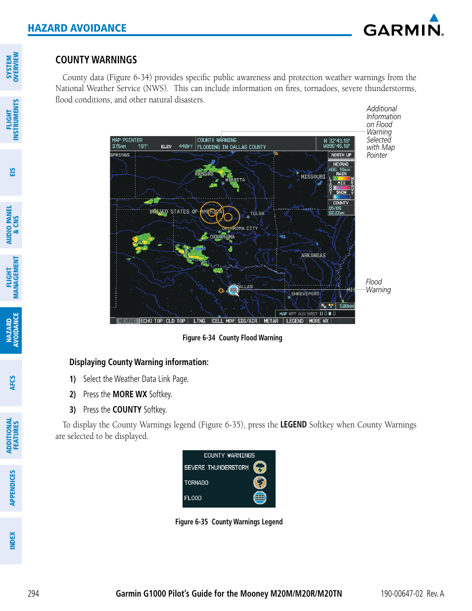 Hazard avoidance, County warnings | Garmin G1000 Mooney M20TN User Manual | Page 308 / 524