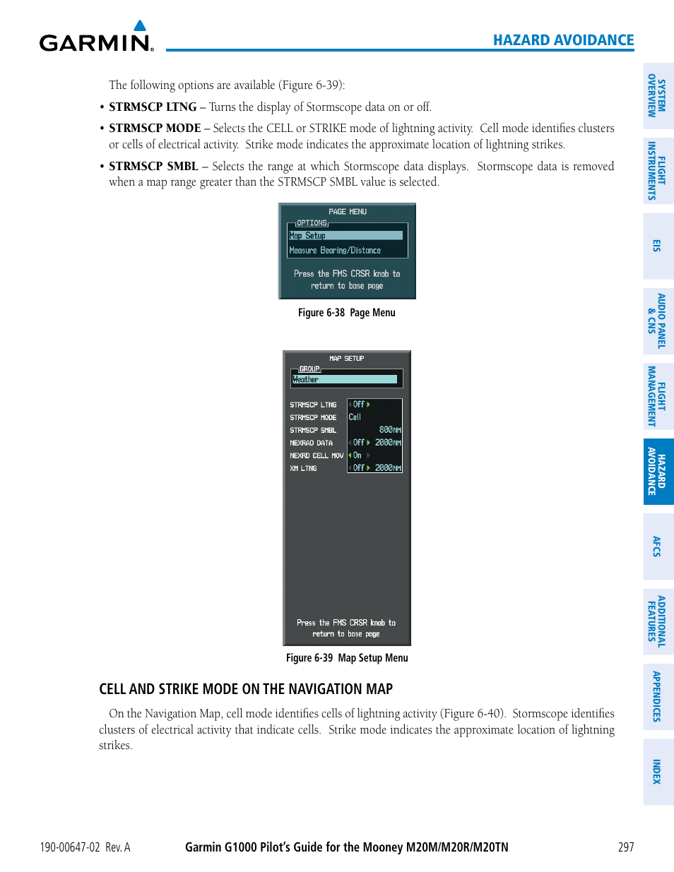 Hazard avoidance, Cell and strike mode on the navigation map | Garmin G1000 Mooney M20TN User Manual | Page 311 / 524